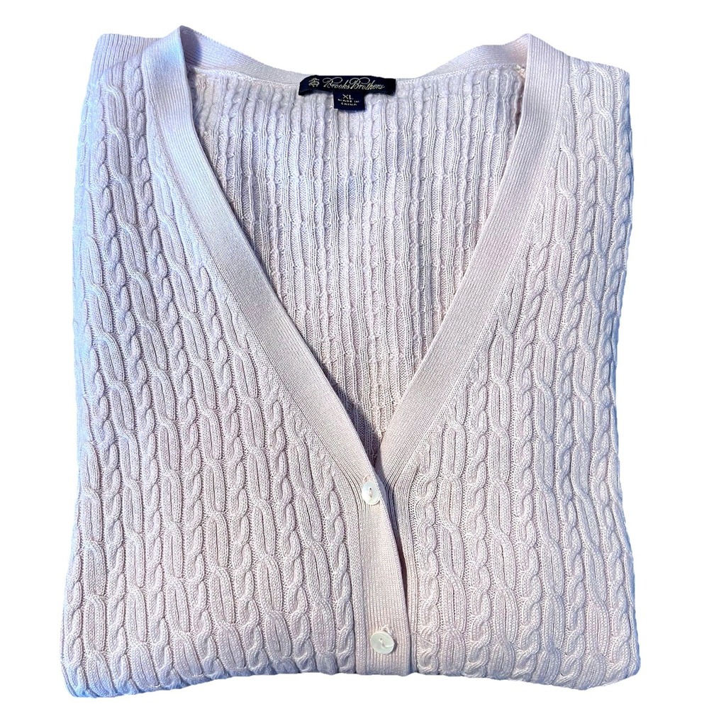 Brooks Brothers Silk Cashmere Cable Knit Cardigan Pink V-Neck‎ XL - Picture 7 of 7